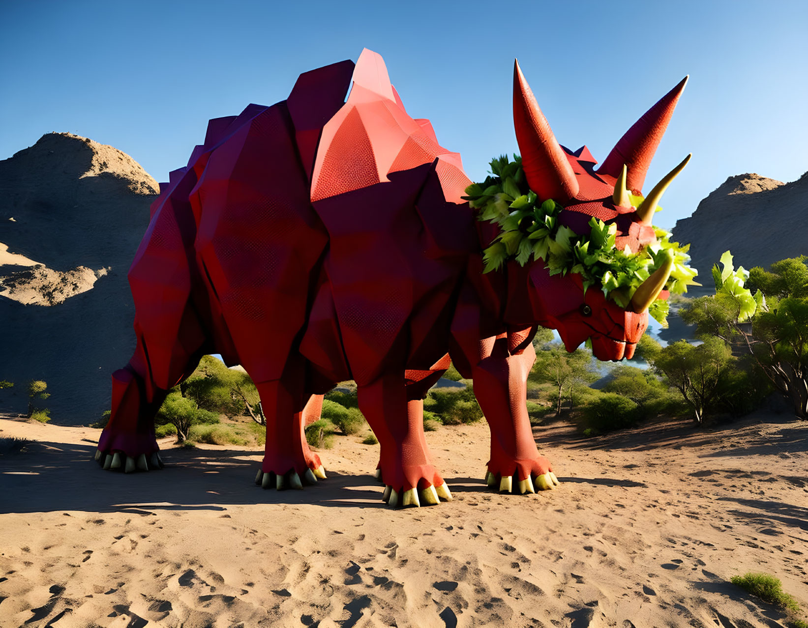 Red low-poly triceratops with green leafy ornaments in desert setting