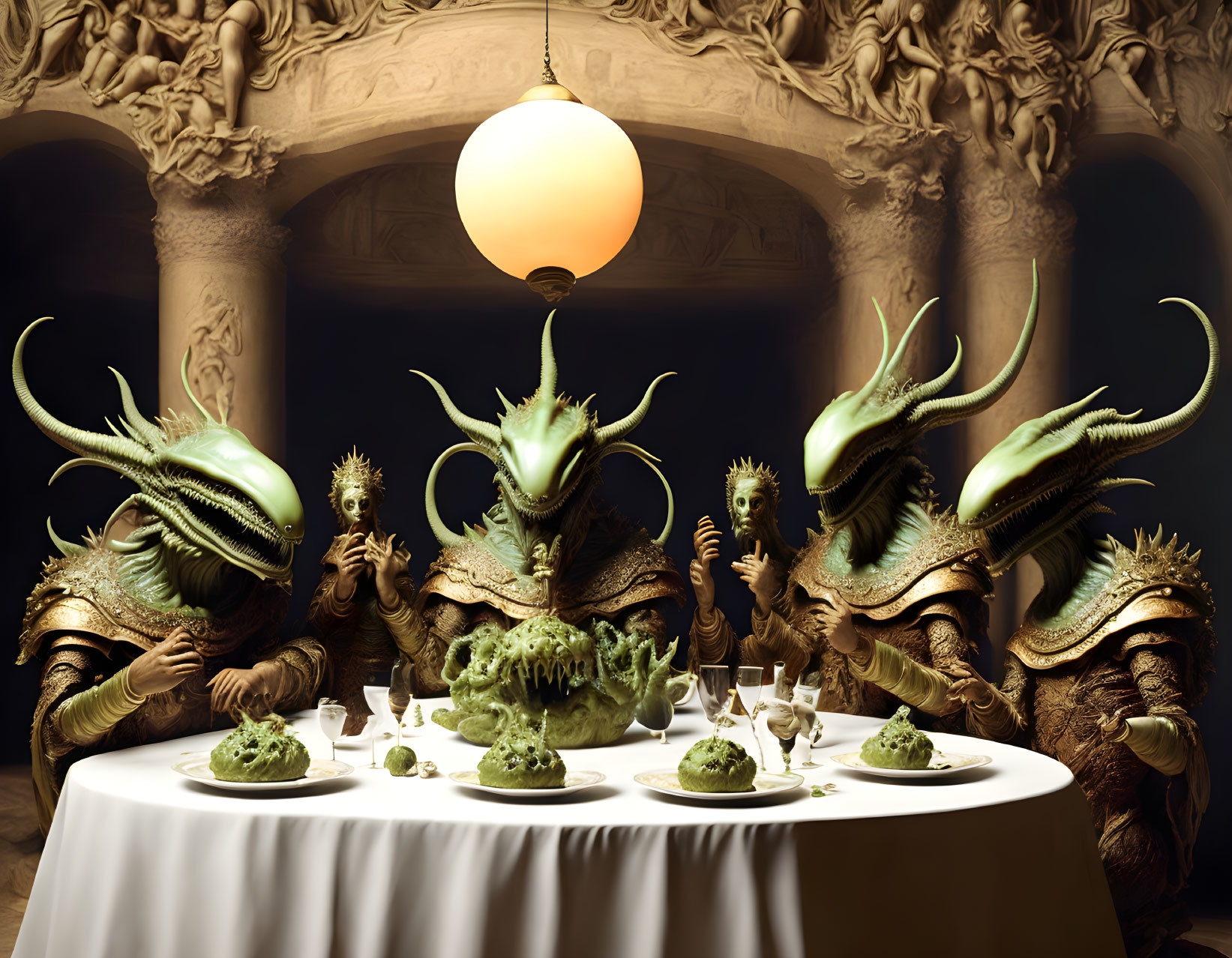 Extraterrestrial beings in ornate armor dining in classical room