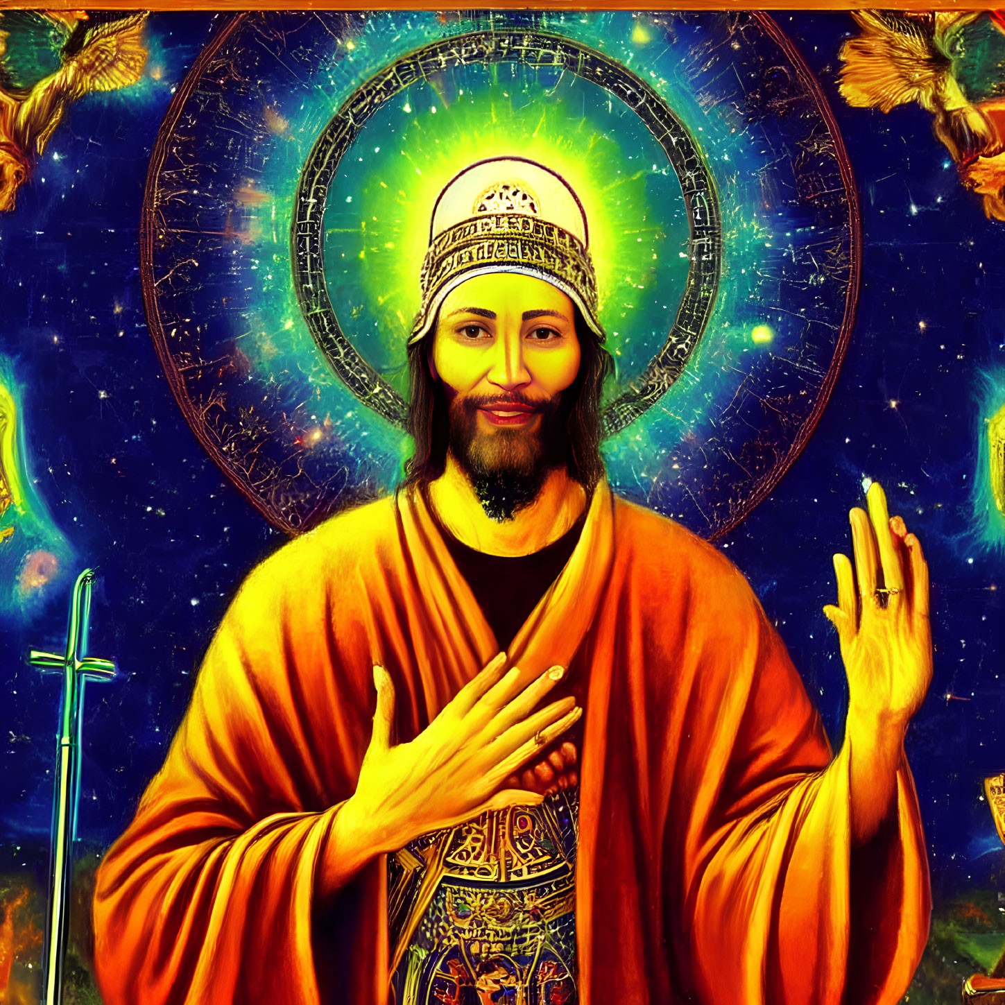 Religious artwork of figure in orange robe against cosmic background