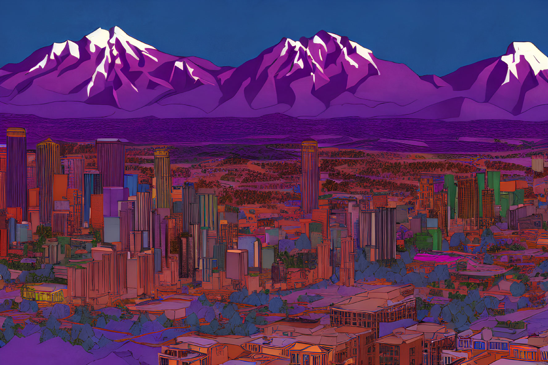 Cityscape illustration with skyscrapers, purple mountains, and twilight sky