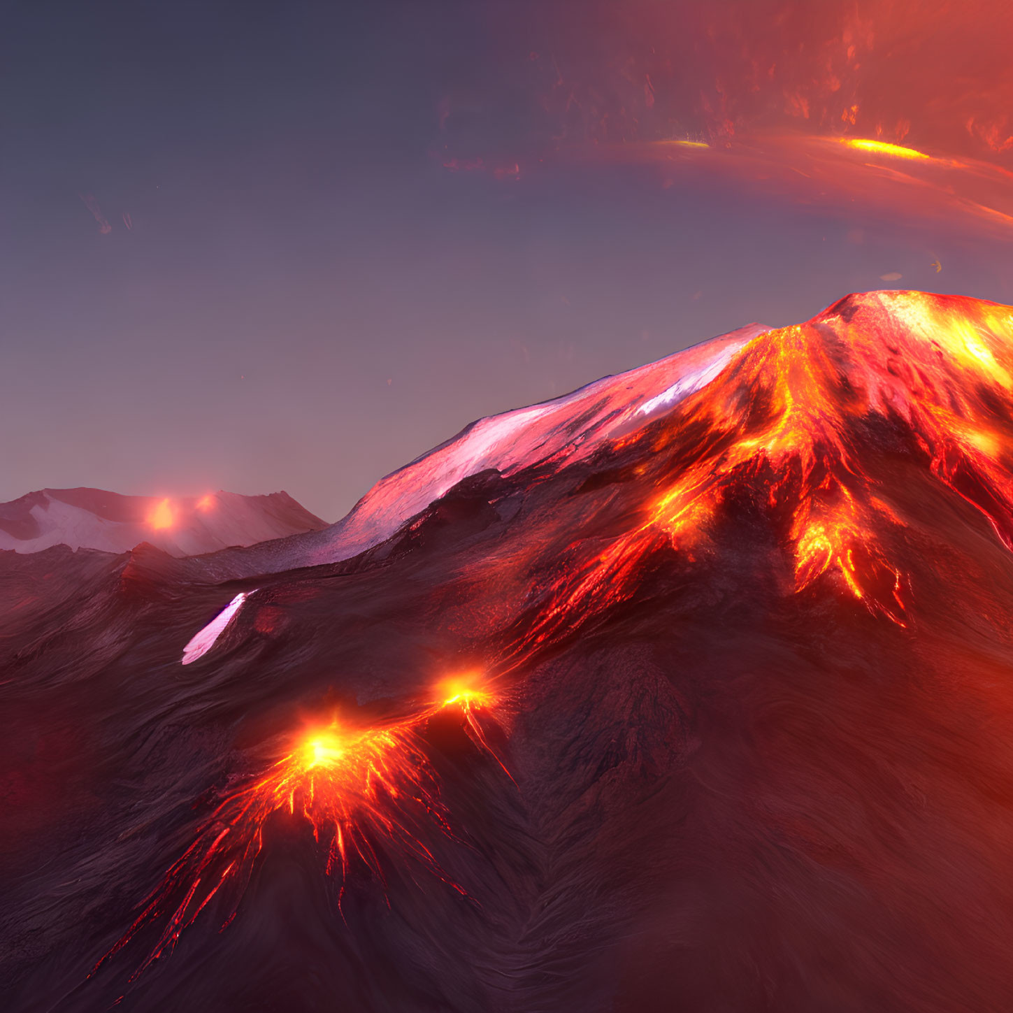 Erupting volcano with flowing lava under a reddish sky