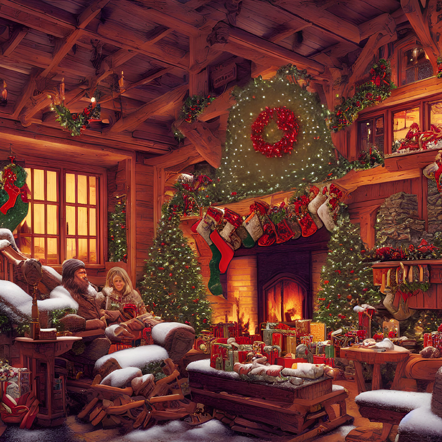 Festive Christmas scene with gift exchange by fireplace