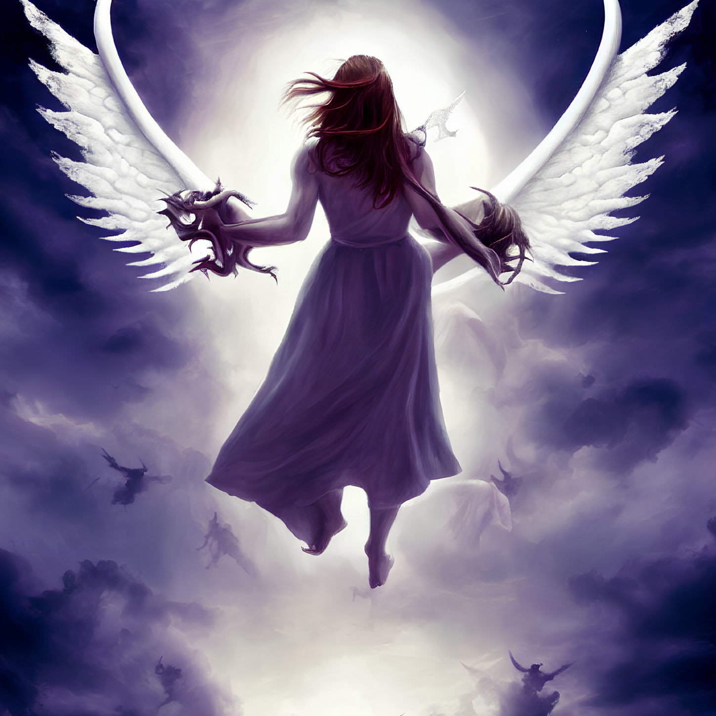 Ethereal figure with white wings ascending in purple sky