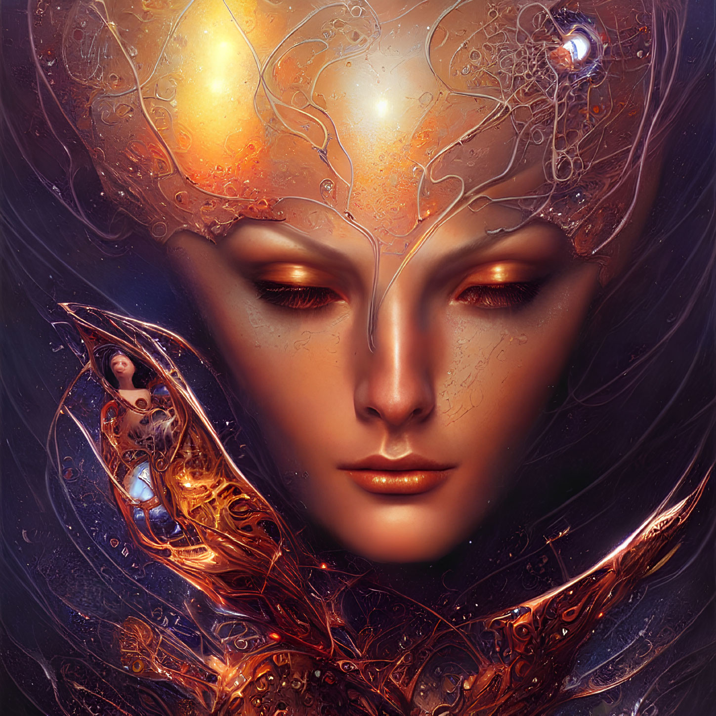 Digital artwork: Female figure with ornate golden helmet and nested humanoid against amber backdrop