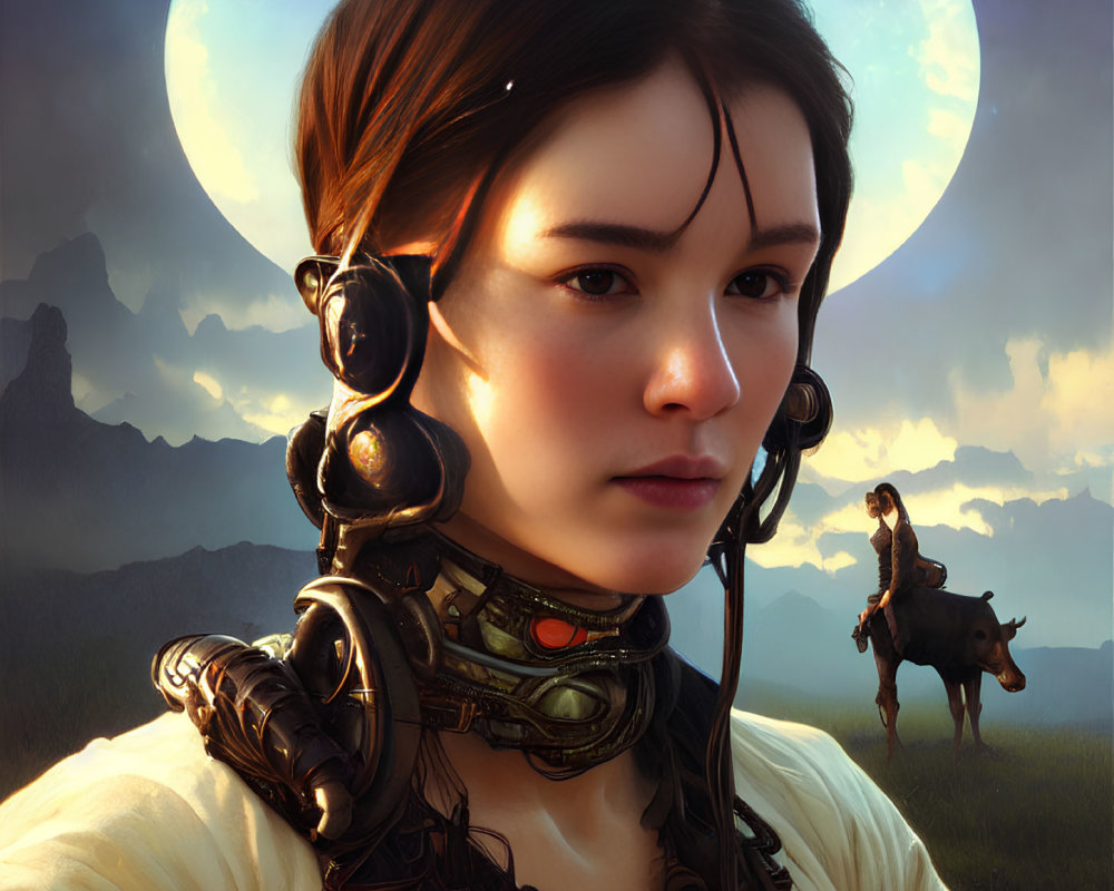 Digital Artwork: Woman with Futuristic Headphones, Two Moons, Field & Horse Rider