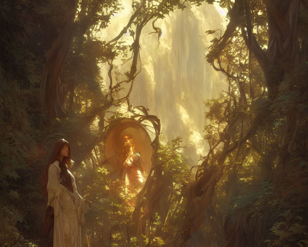 Enchanting forest scene with woman and luminous figure in portal