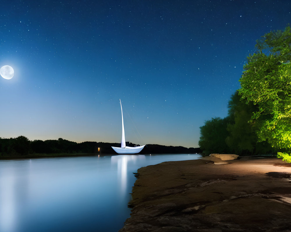 Tranquil nighttime sailboat scene with moonlit shoreline