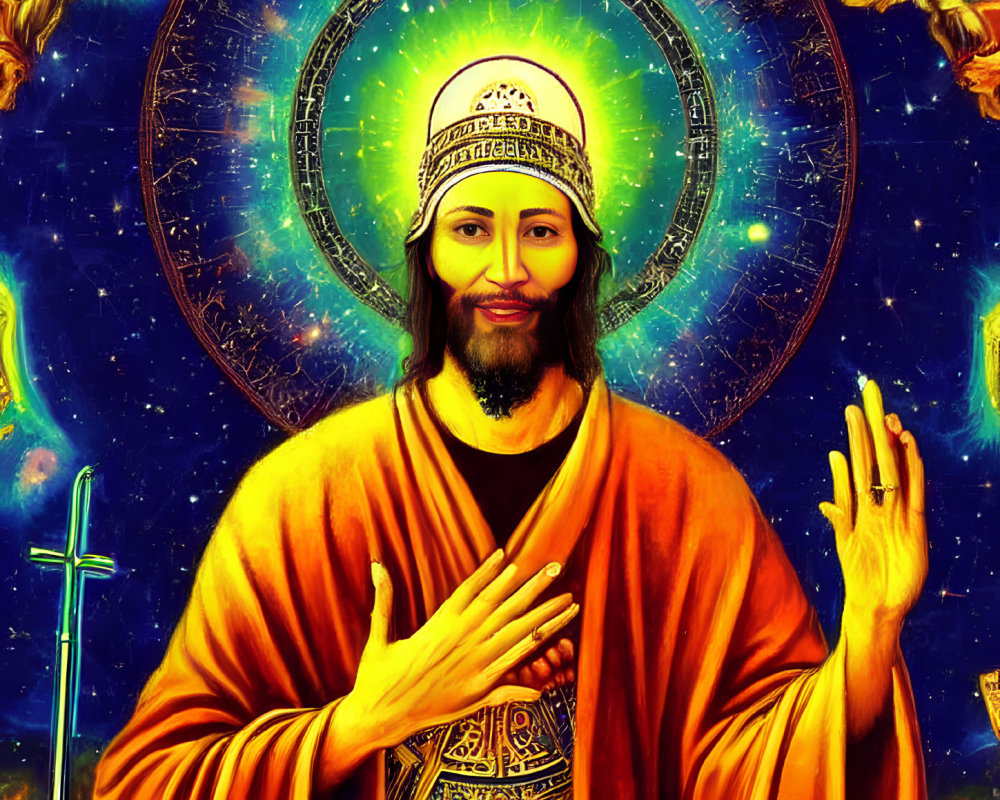 Religious artwork of figure in orange robe against cosmic background