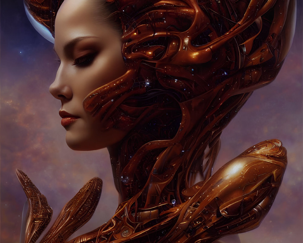 Woman with Bronze Cybernetic Enhancements in Cosmic Setting