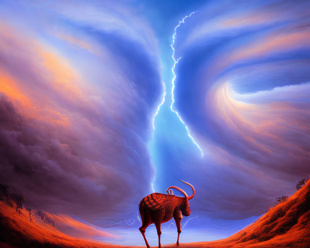 Vivid digital artwork of kudu antelope under dramatic sky