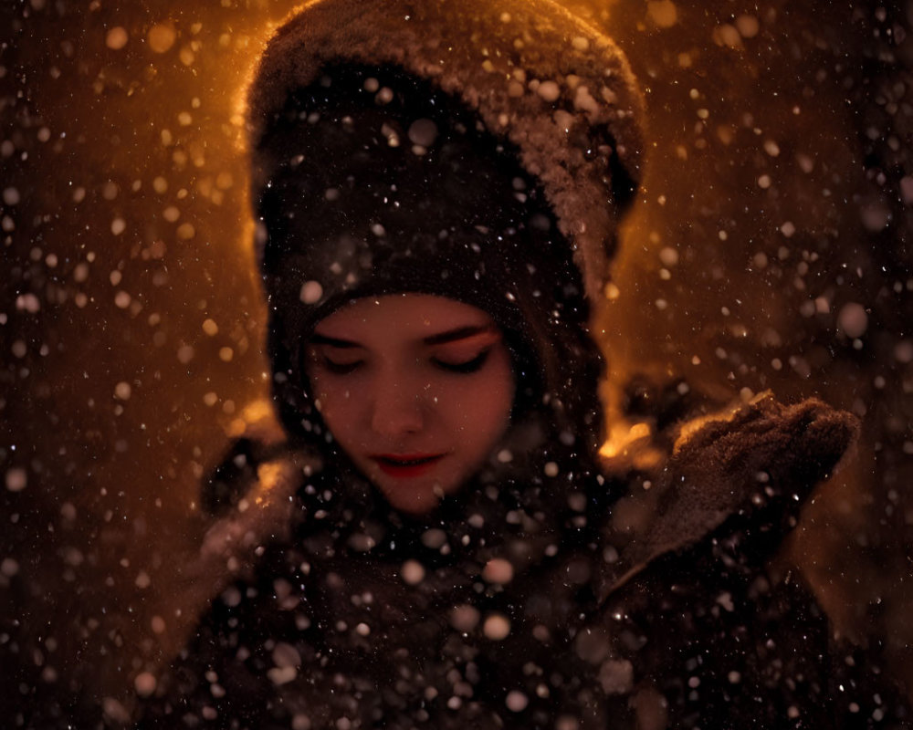 Person in Winter Hat and Scarf in Warm Light Snowfall at Night