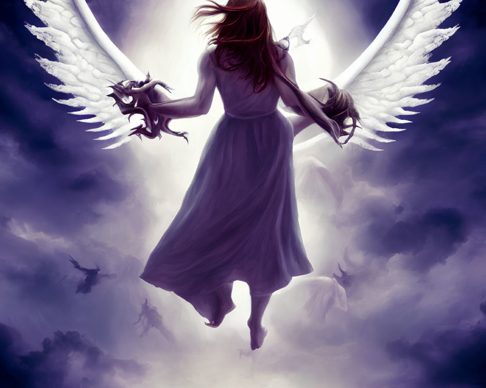 Ethereal figure with white wings ascending in purple sky