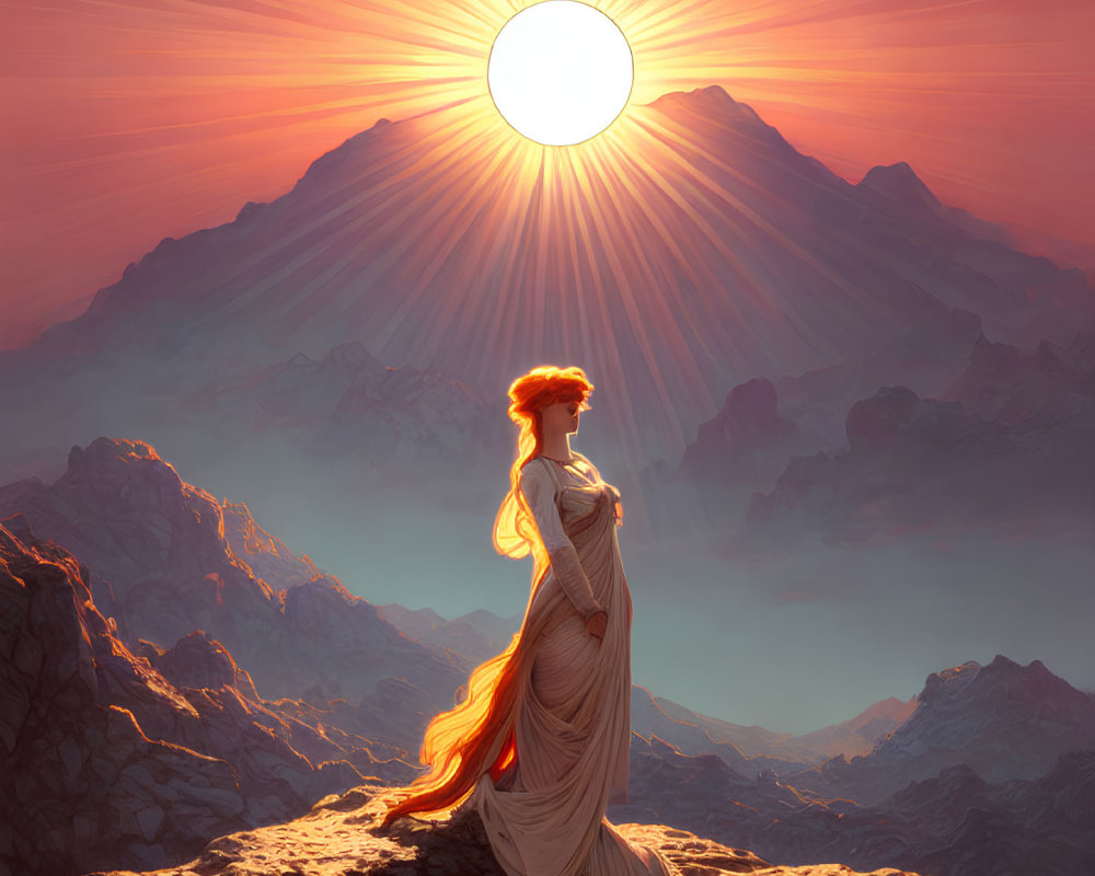 Woman in flowing dress on mountain peak at sunrise