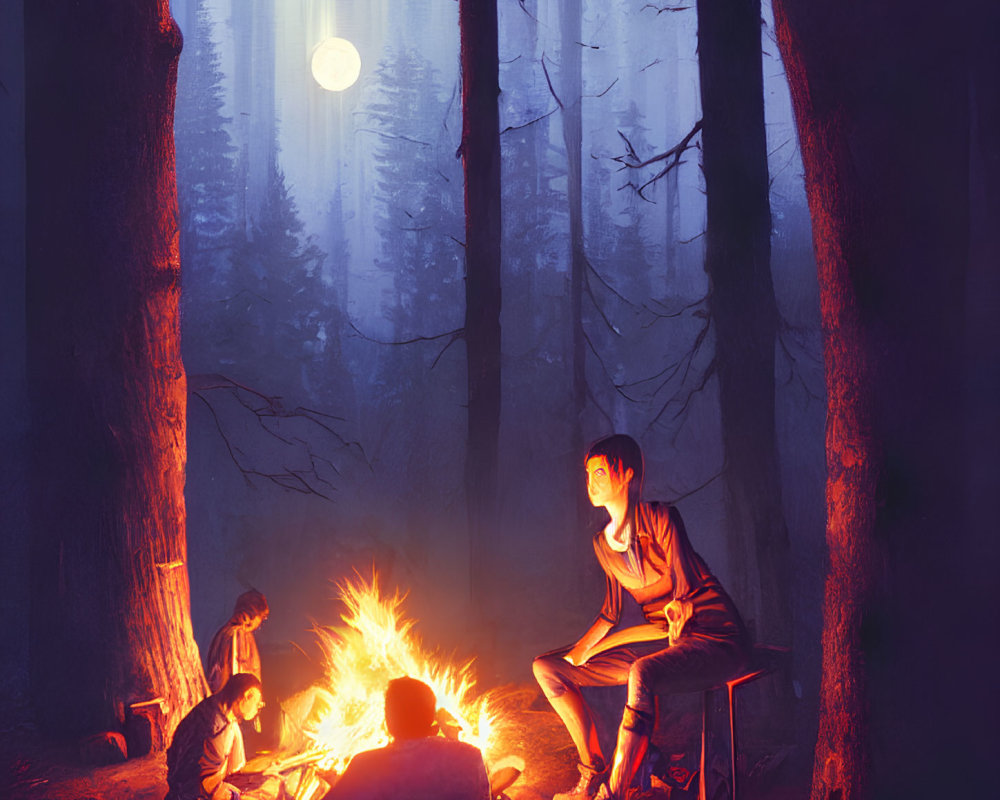 Nighttime forest scene with individuals by campfire under full moon