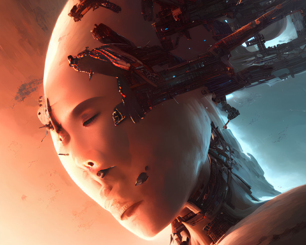 Surreal sci-fi artwork: giant humanoid face merged with mechanical structures