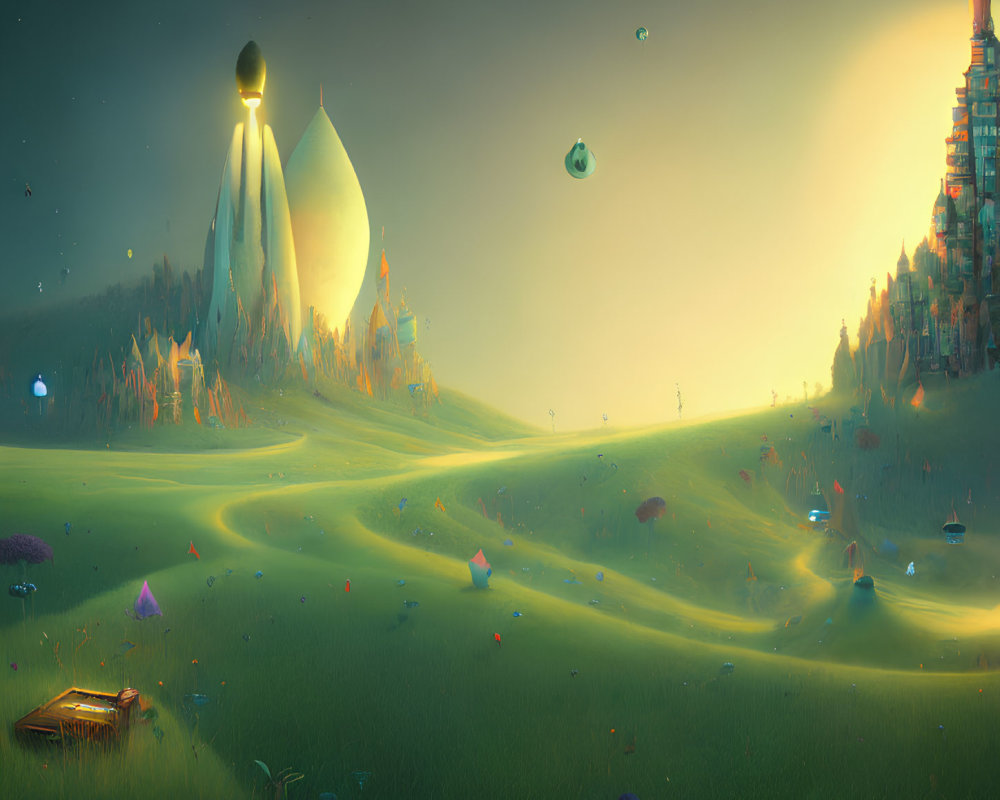 Golden fantasy landscape with futuristic buildings and floating islands