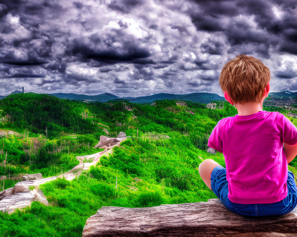 Child admiring scenic landscape with forests and dramatic sky