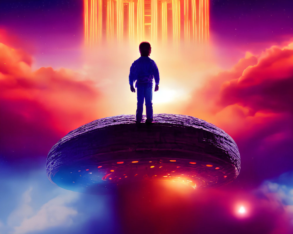 Child on Flying Saucer Gazes at Large UFO in Cosmic Scene