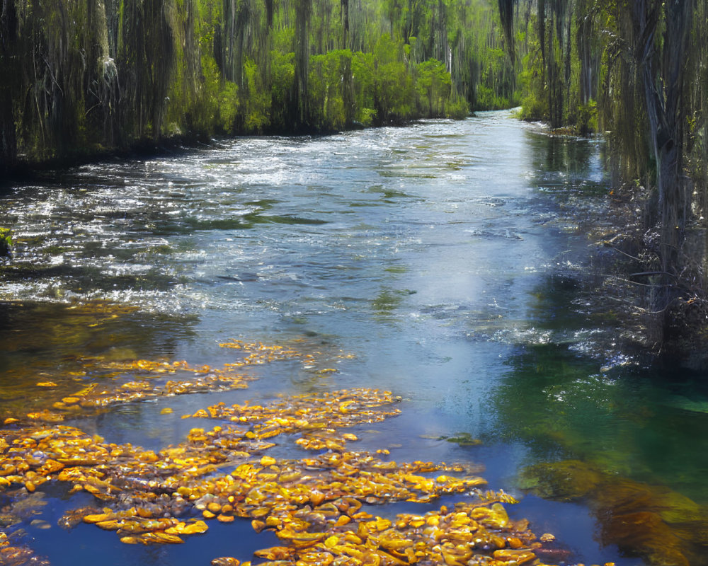 Tranquil river flowing through lush forest with moss-draped trees