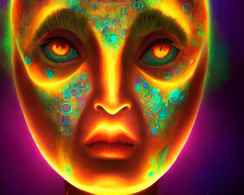 Colorful neon portrait of humanoid figure with glowing red eyes and fiery aura on dark background