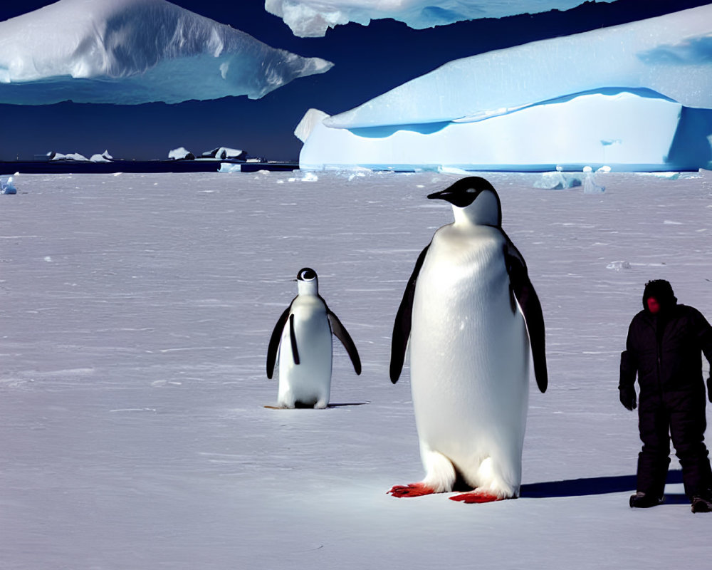 Two Penguins and Person on Snowy Landscape with Icebergs