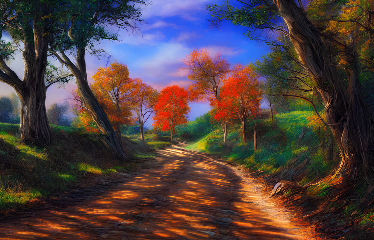 Scenic autumn landscape with winding dirt road and colorful foliage