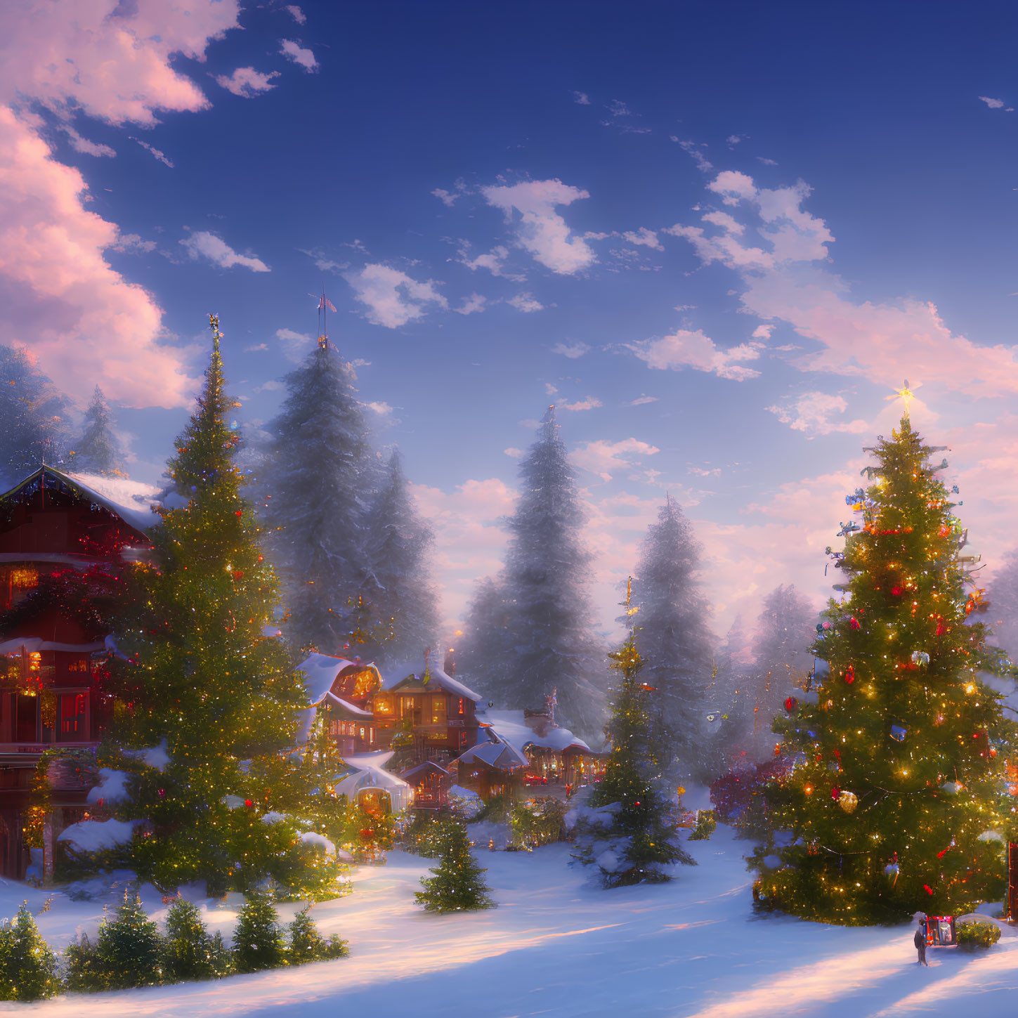 Snow-covered village at twilight with Christmas lights & evergreens