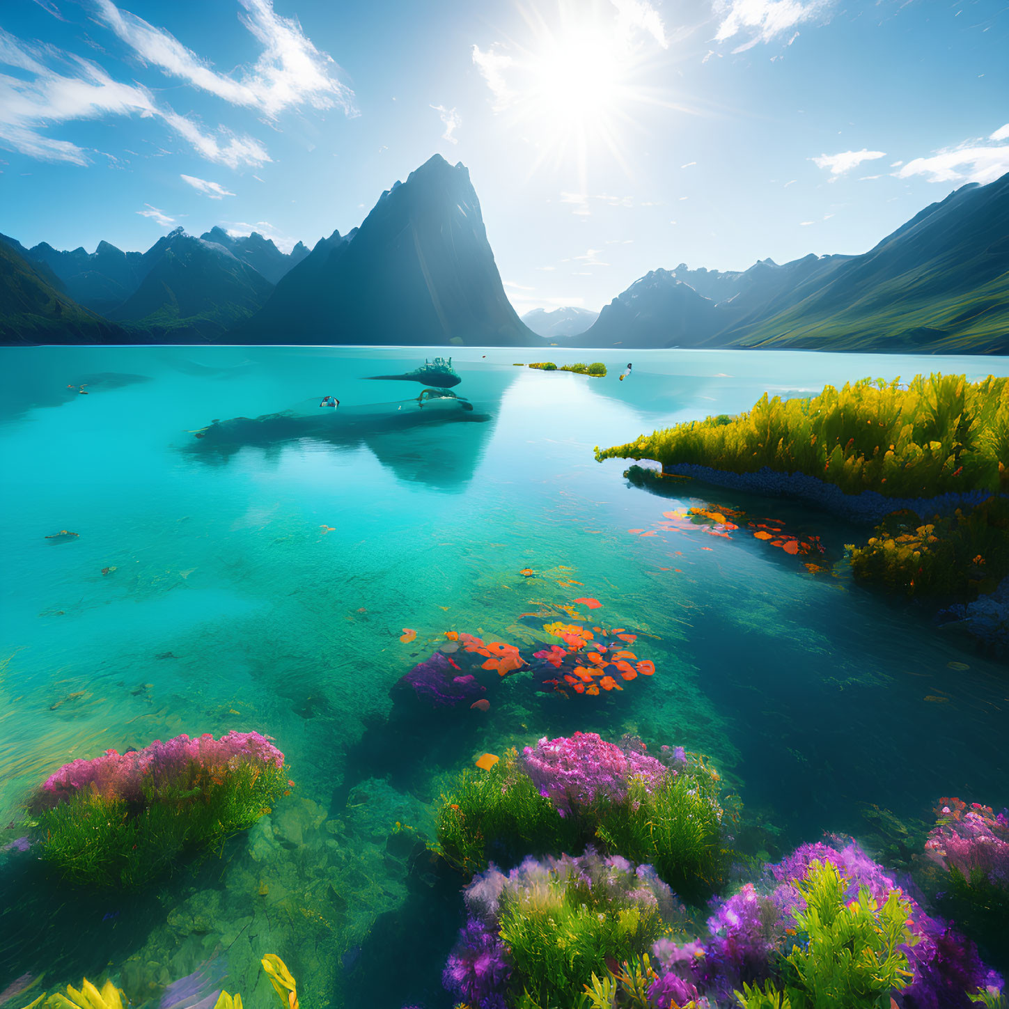 Scenic landscape with turquoise lake, colorful flora, and mountains