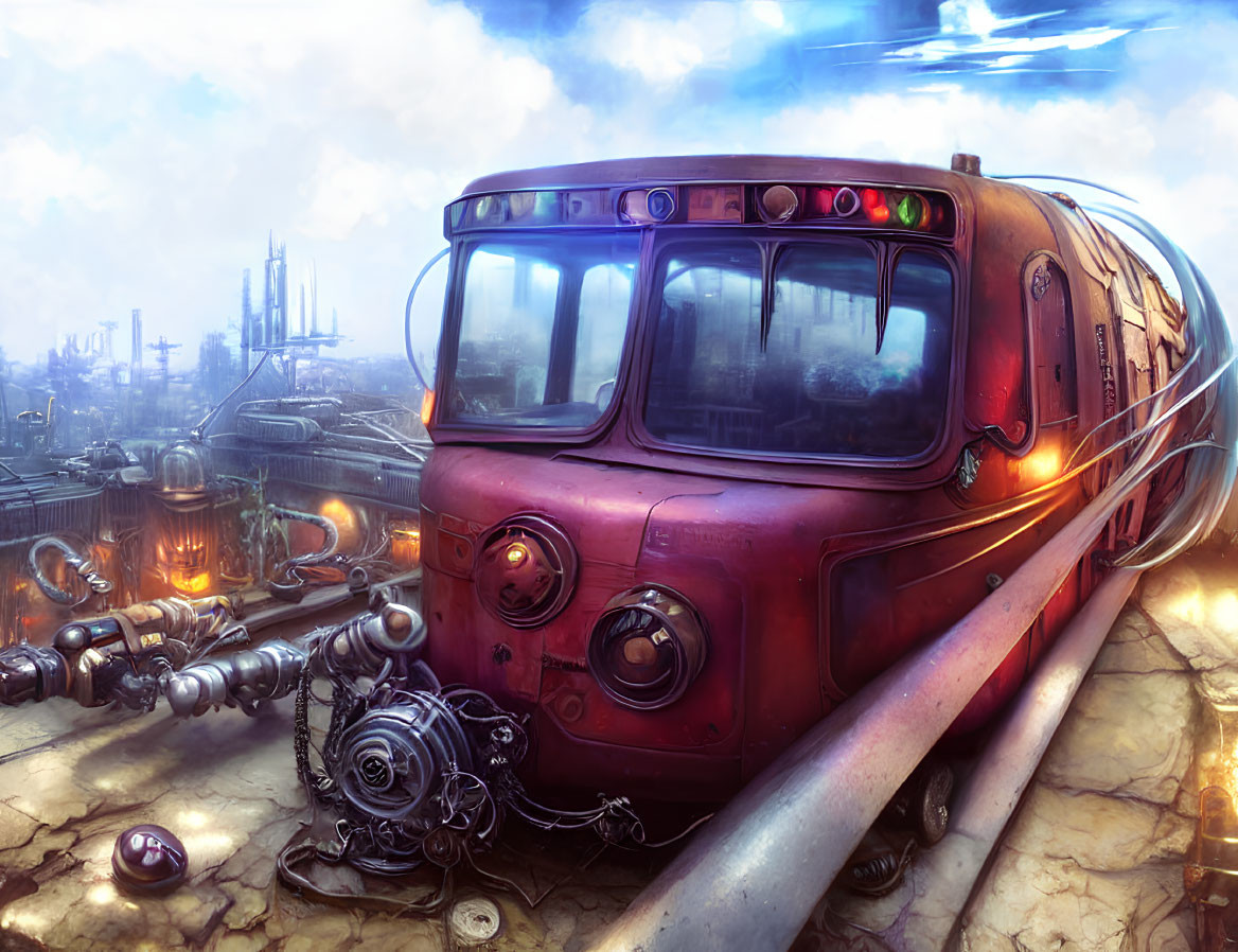 Futuristic red train in industrial landscape with robotic elements