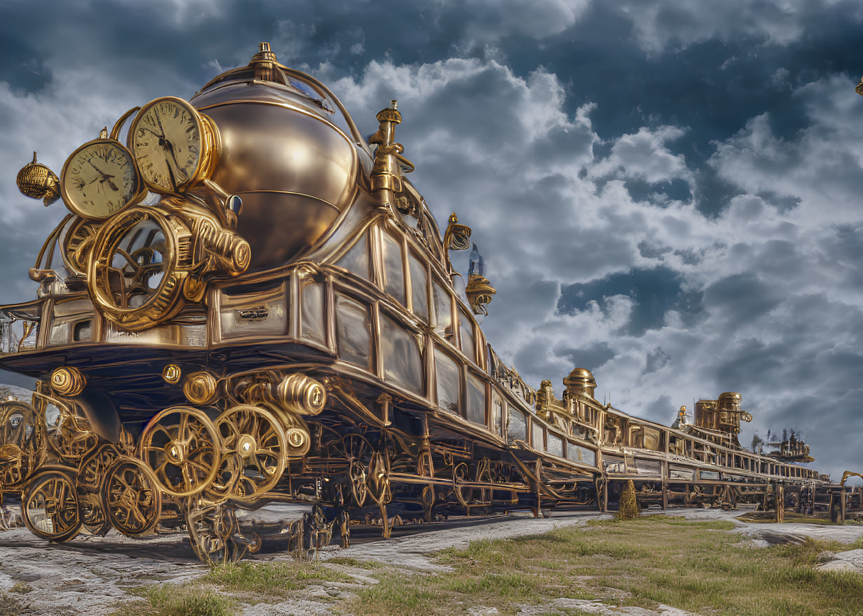 Steampunk-style train with golden gears and brass finishes under cloudy sky