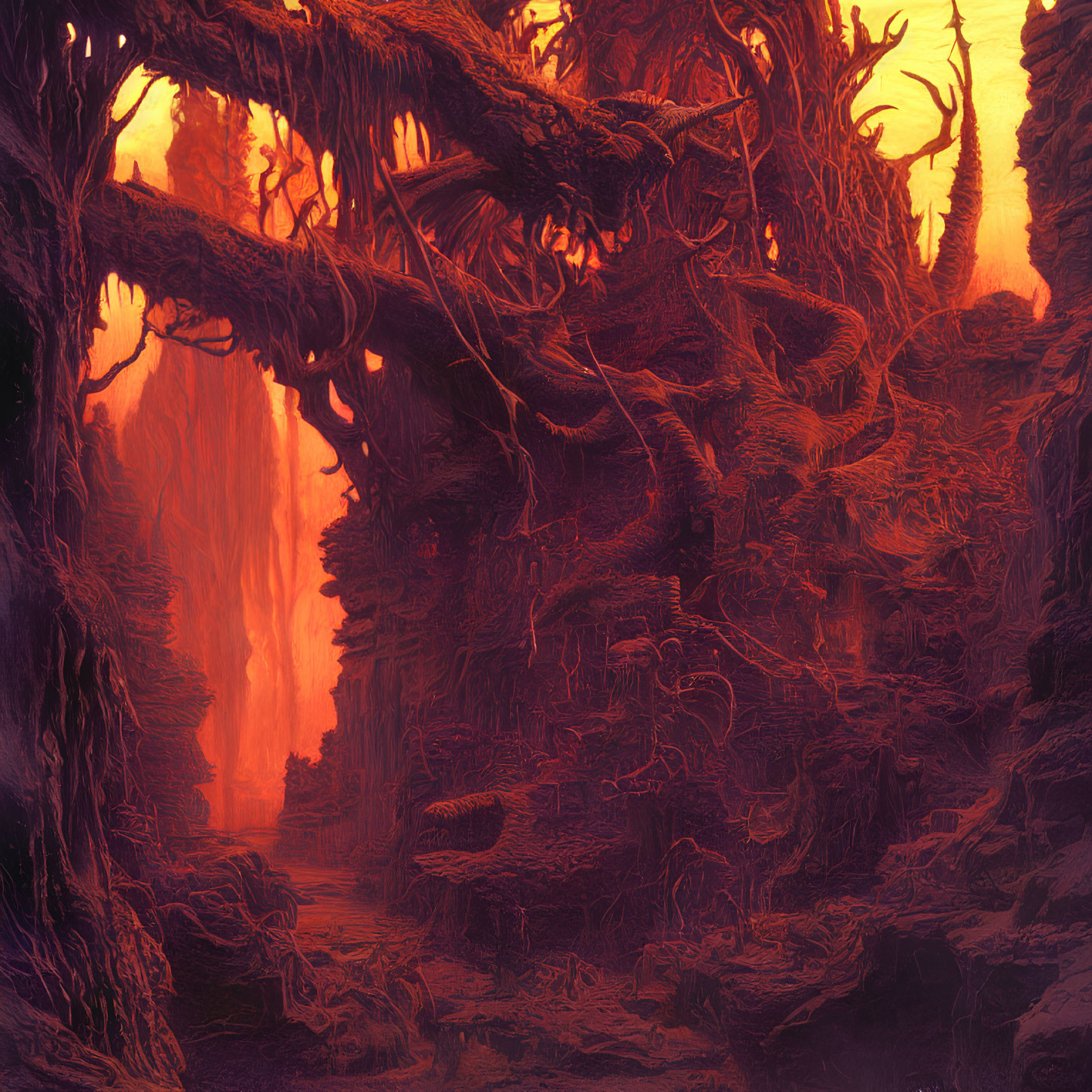 Eerie red and orange forest with twisted trees under dusky sky