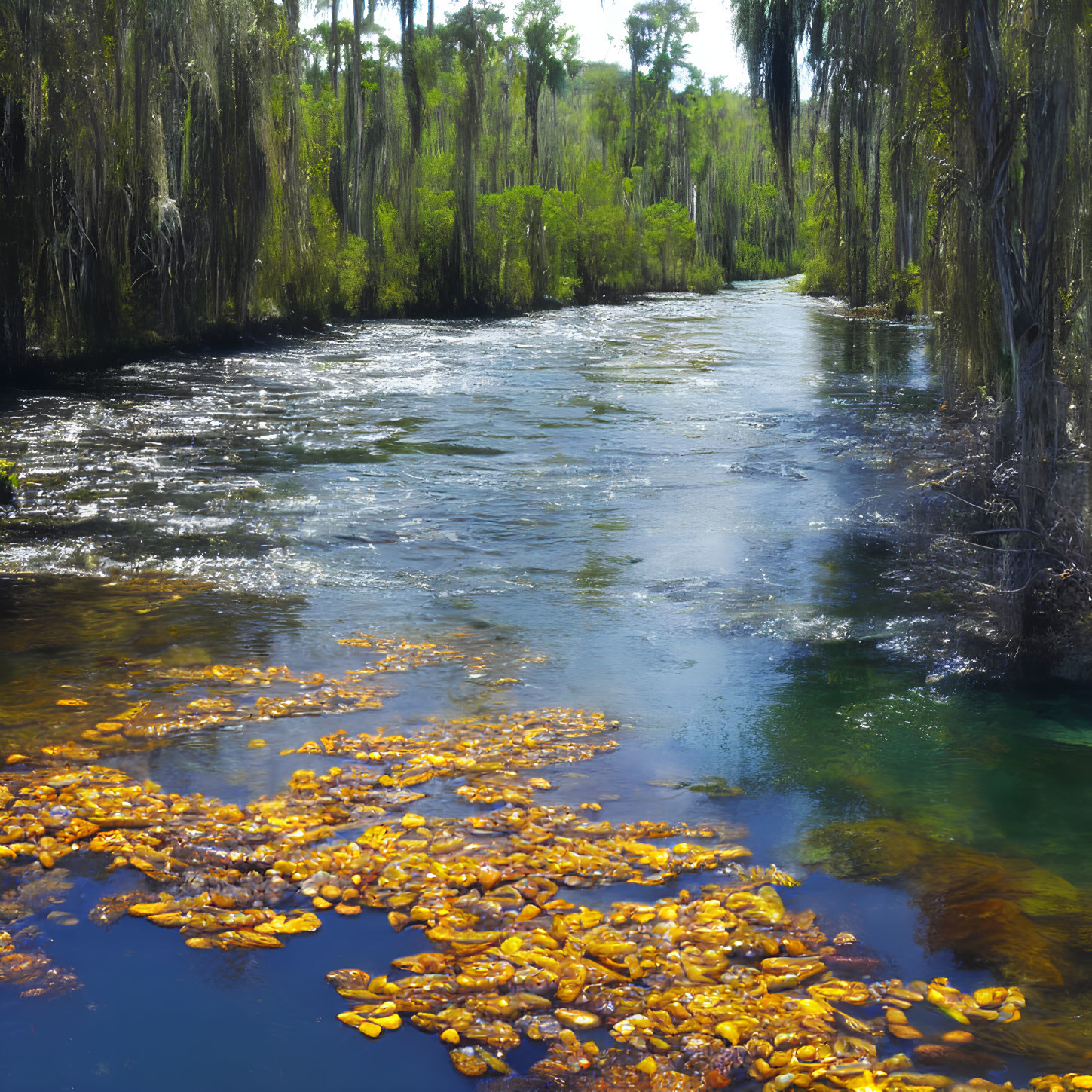 Tranquil river flowing through lush forest with moss-draped trees