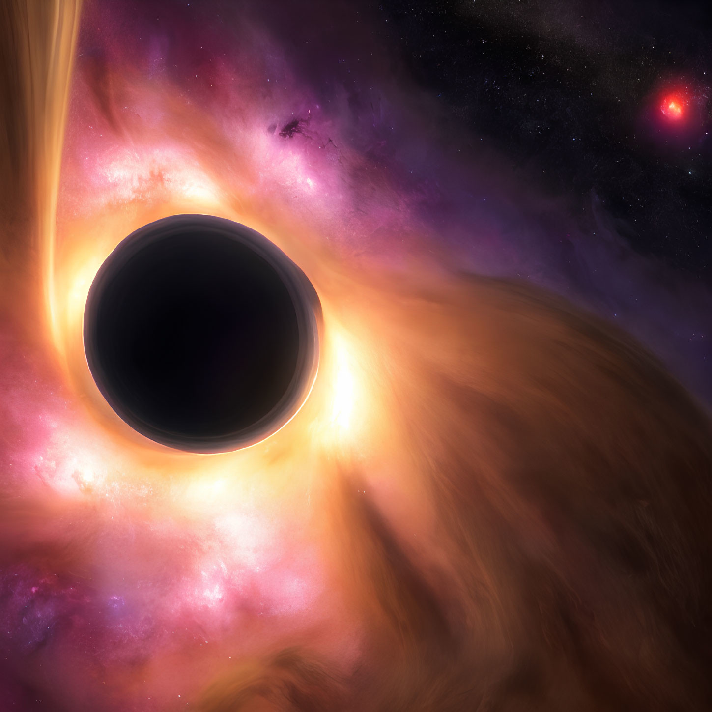 Detailed depiction of black hole with accretion disk amidst cosmic clouds and red star