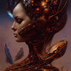 Woman with Bronze Cybernetic Enhancements in Cosmic Setting