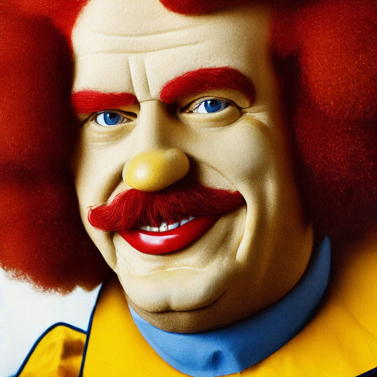 Detailed Close-Up of Clown with Red Hair and Colorful Outfit