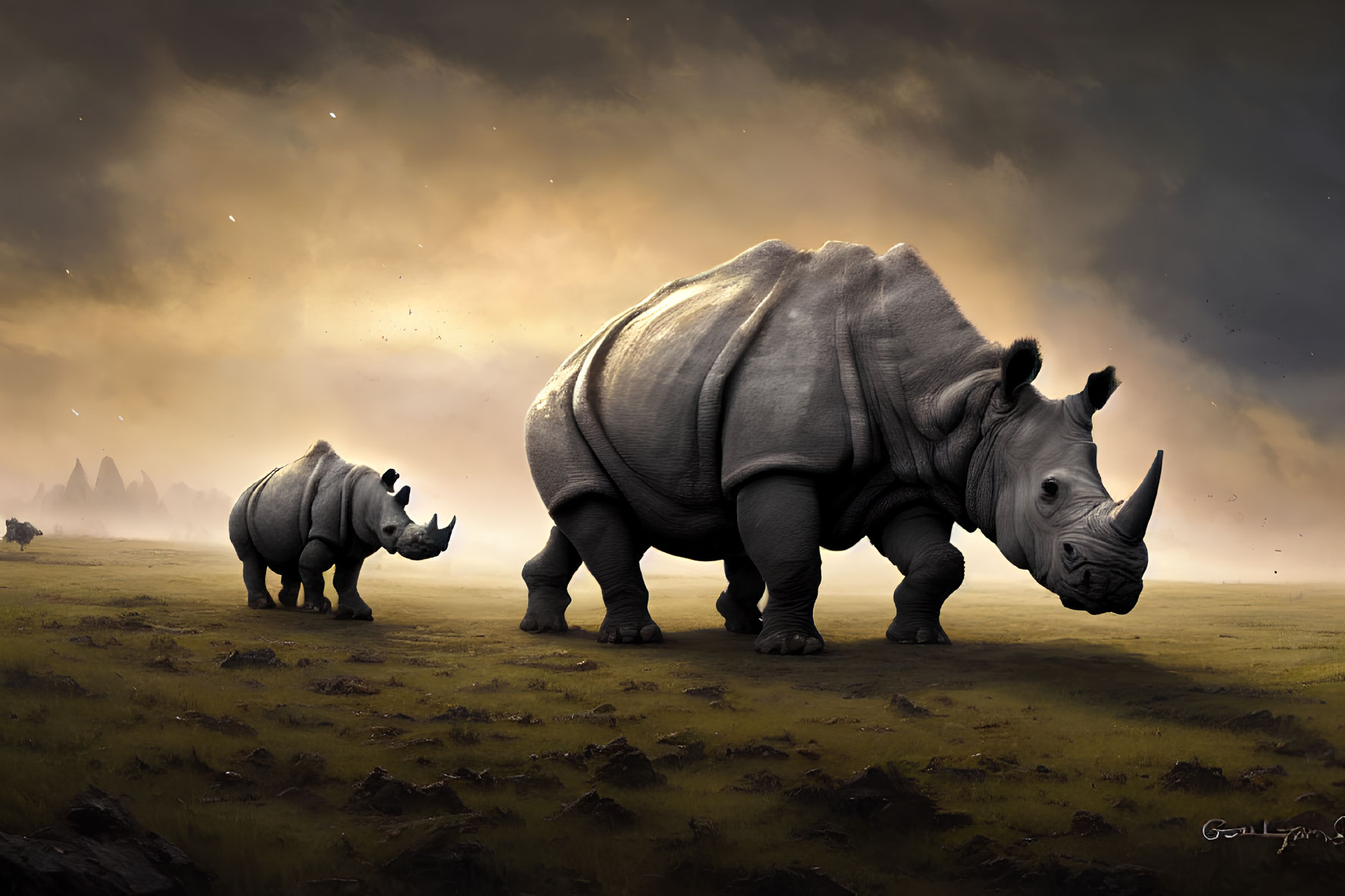 Digital artwork: Two rhinoceroses on grassy field under dramatic sky