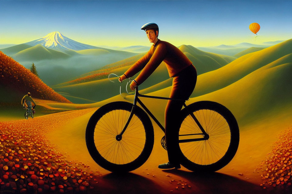 Cyclist with helmet on surreal hills landscape with mountain peak and hot air balloon.