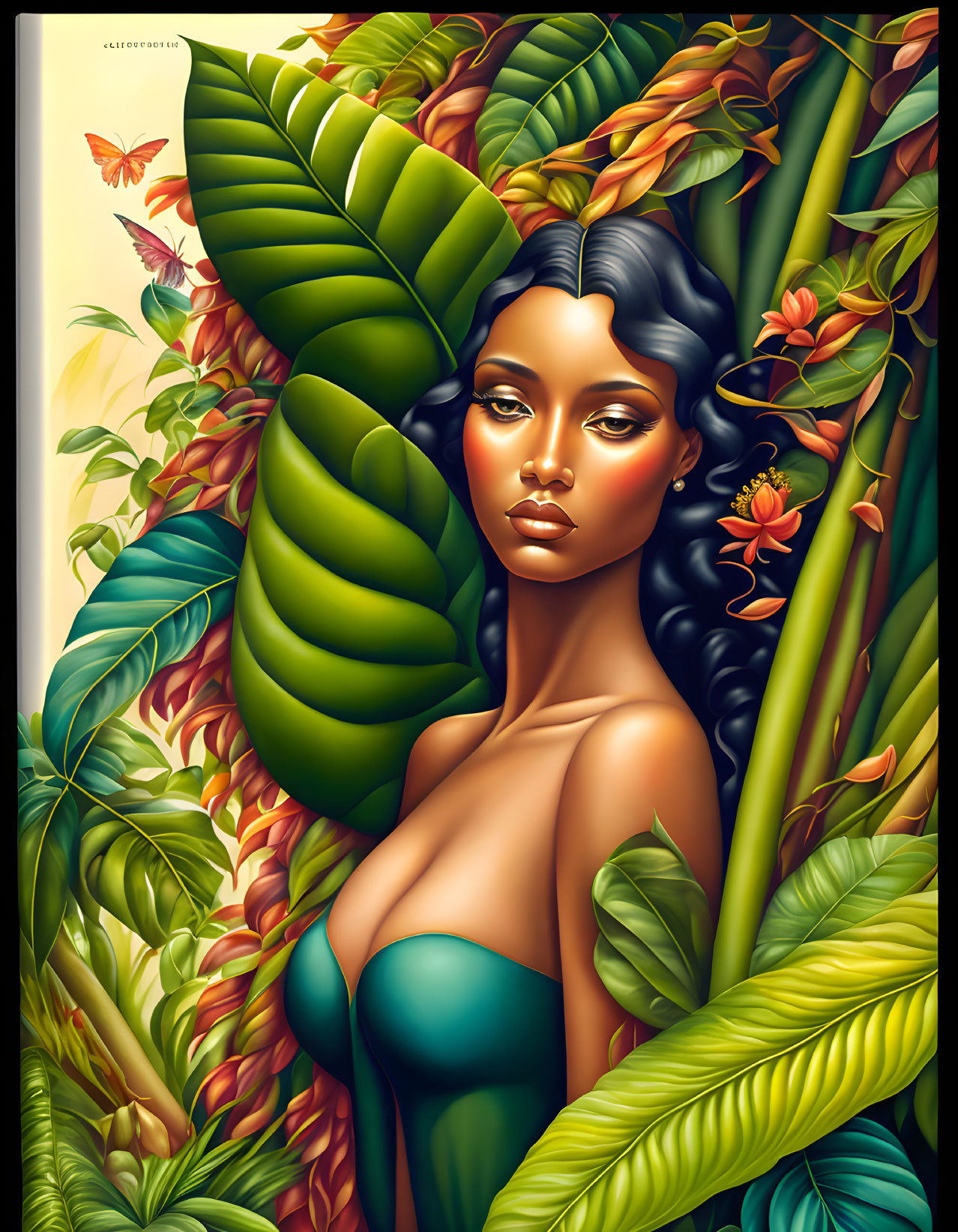 Digital artwork: Woman with dark hair in vibrant tropical setting