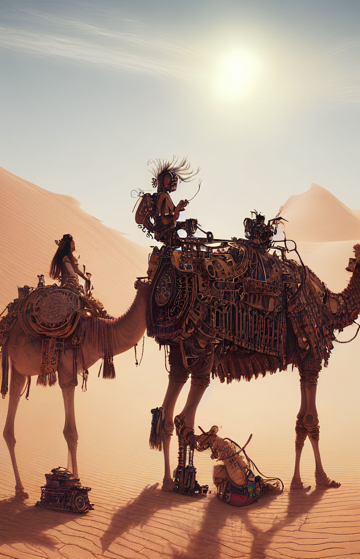 Mechanical camel and animal repair in desert scene