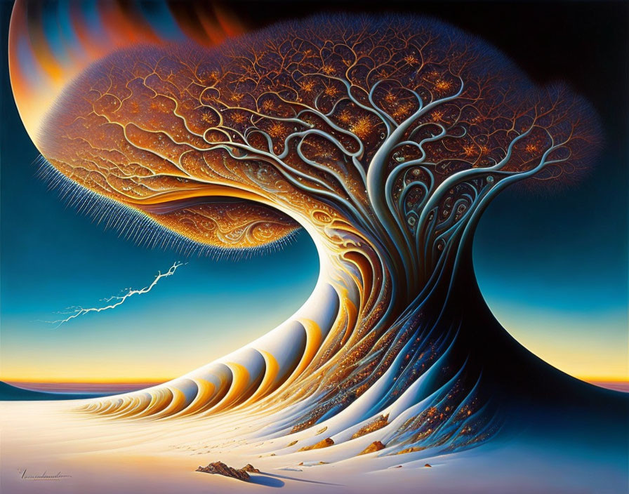 Surreal painting: Broad tree with twisting trunk and intricate branches against warm sky