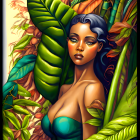 Digital artwork: Woman with dark hair in vibrant tropical setting