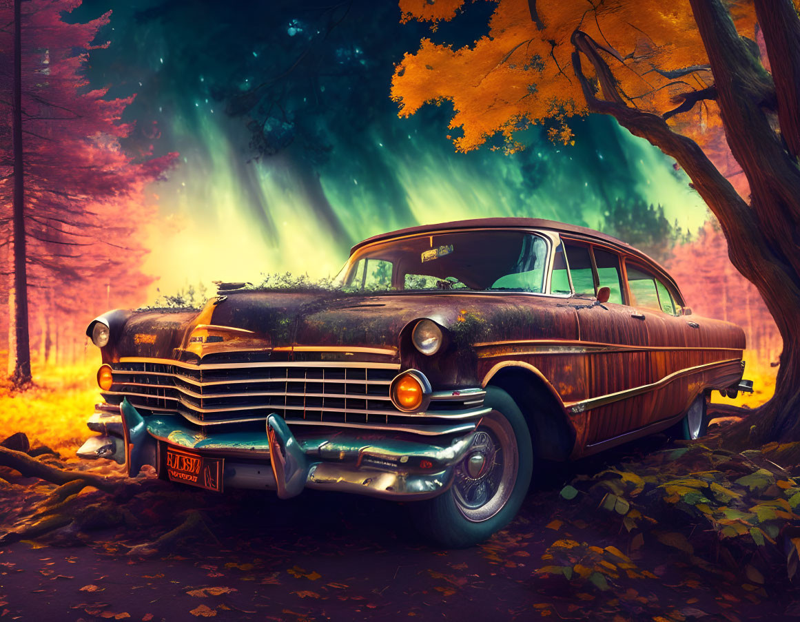 Vintage Car in Mystical Autumn Forest with Vibrant Foliage