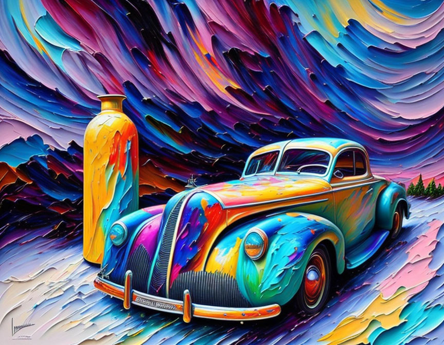 Colorful Classic Car Painting with Abstract Patterns and Psychedelic Skies