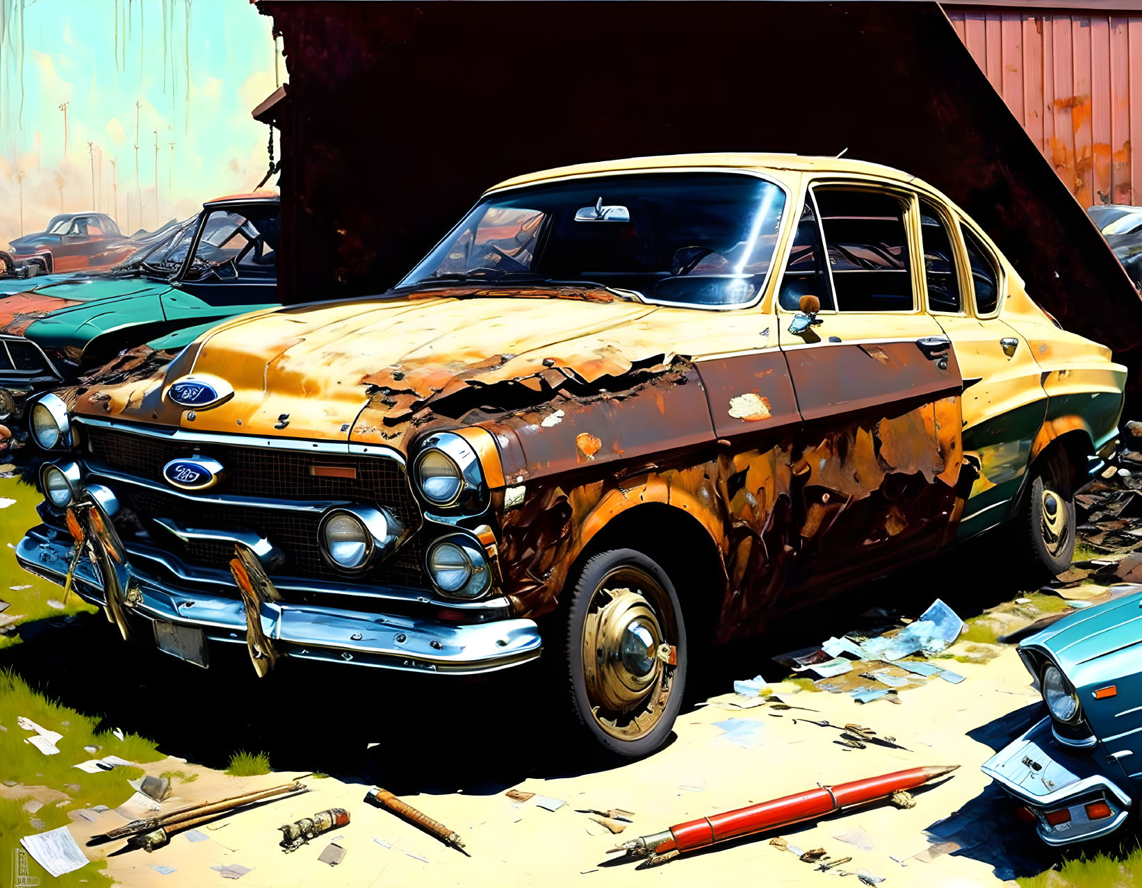 Rusted vintage Ford car in a junkyard scene