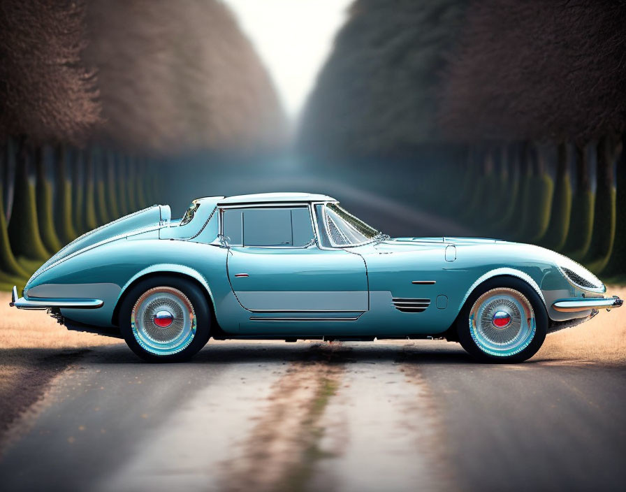 Classic Blue Sports Car on Tree-Lined Road with Chrome Details