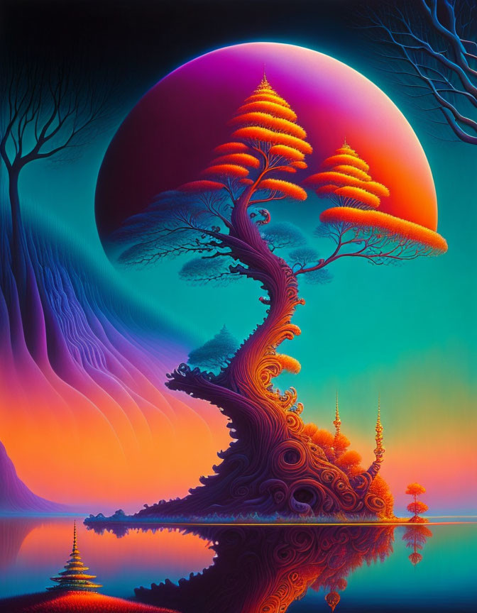 Colorful surreal landscape with moon and fractal trees reflected in water