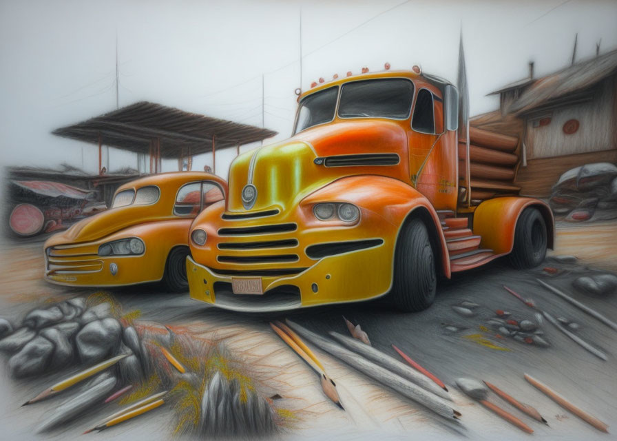 Vintage semi-truck, car, and orange in stylized artwork.