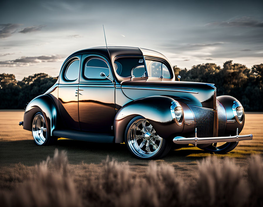 Customized Vintage Car with Glossy Black and Brown Paint, Chrome Detailing in Open Field at D