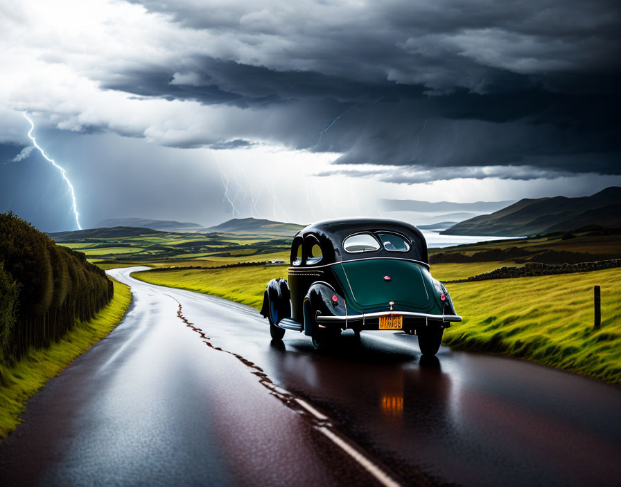 Classic Car Driving on Winding Road with Stormy Skies