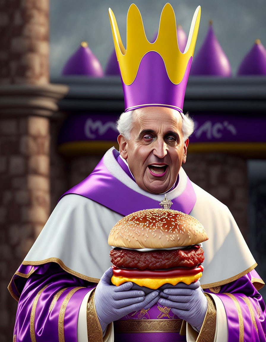 Royal character with burger in fast-food themed setting